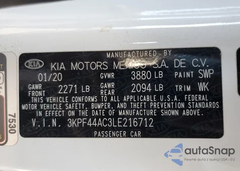 2020 Kia Forte Gt from USA, damaged, VIN 3KPF44AC3LE216712